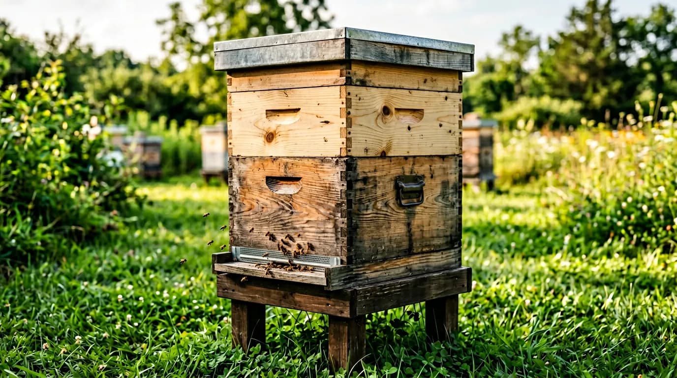 Wooden Langstroth beehive with components visible