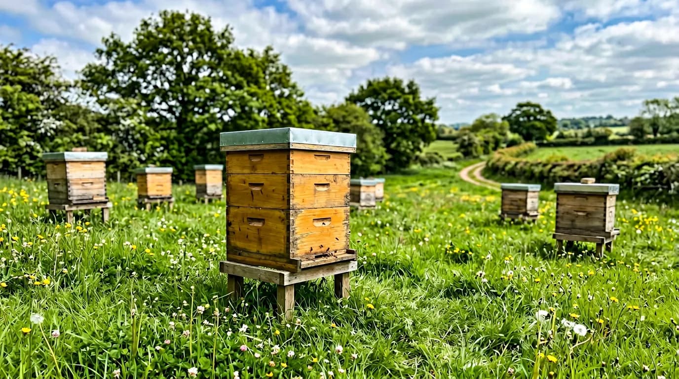 Apiary yard with beehive boxes on green grass