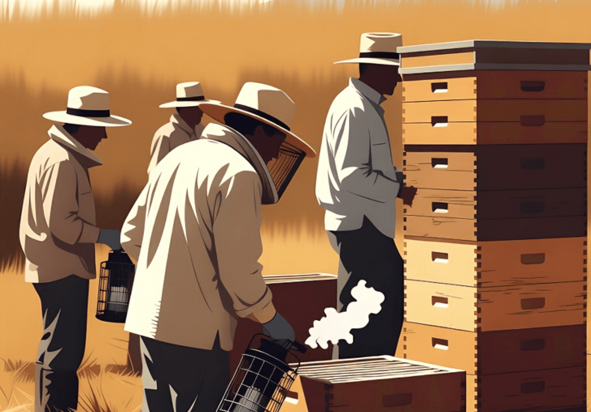 Beekeepers working together at an apiary during a commercial hive inspection